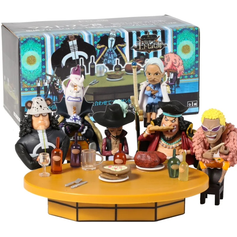 Figuras de colección de One Piece Seven Warlords of the Sea Edward Teach Douflamingo Dracule Mihawk + mesa de conferencia, conjunto de muñecos de juguete