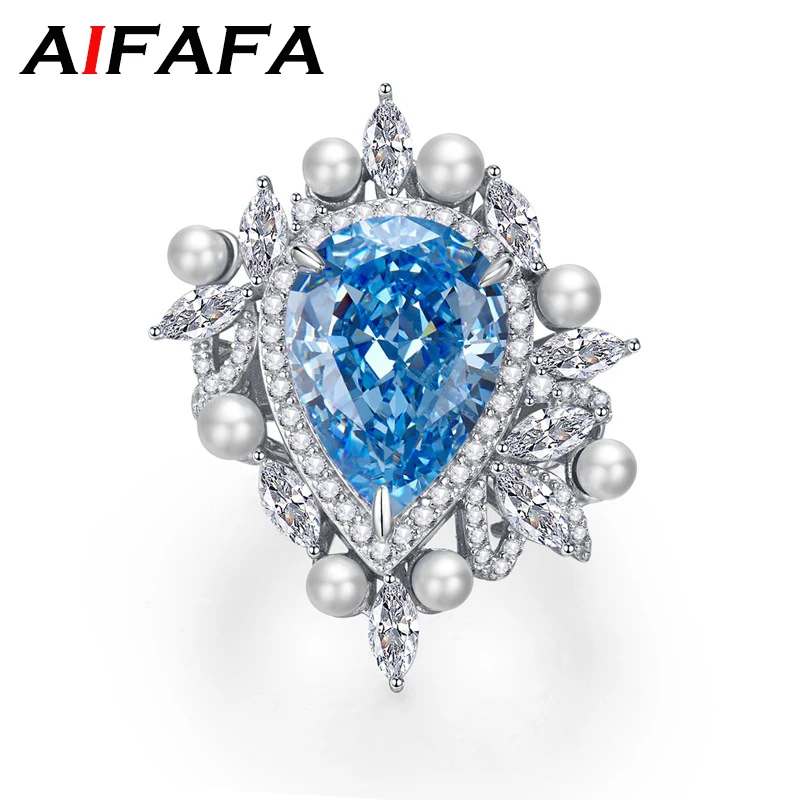 

AIFAFA 100% 925 Sterling Silver 18K White Gold Plated Twinkling Sapphire Aquamarine Pearl Wedding Ring Diamond Top Grade Jewelry