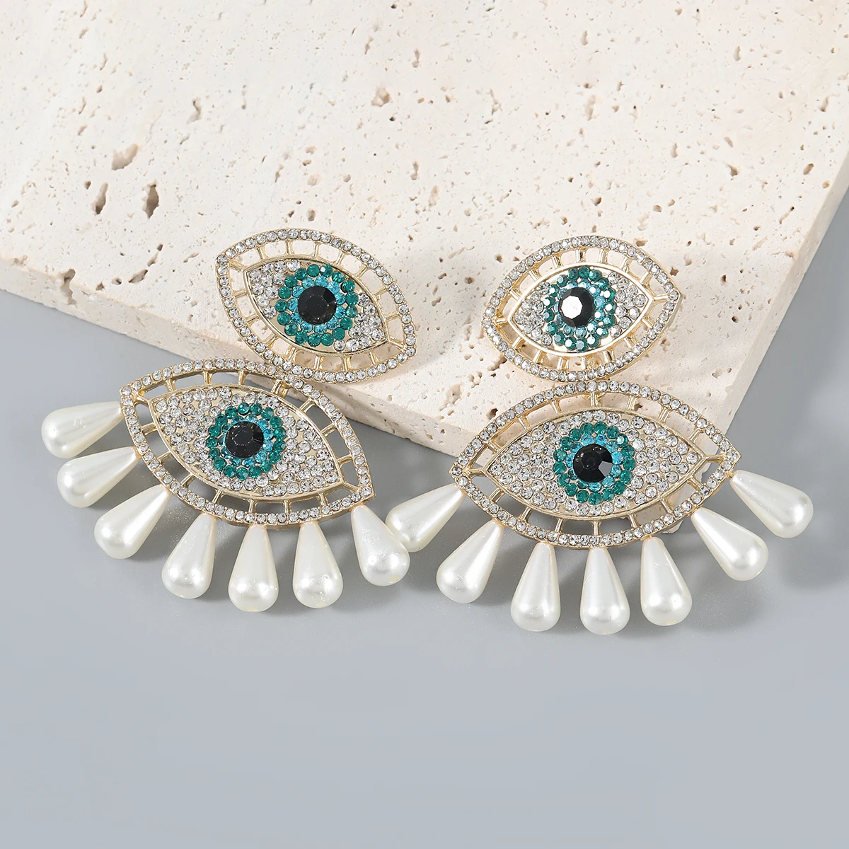 

Exaggerated Metal Rhinestone Imitation Pearl Evil Eye Earrings Castle Banquet Dangle Earrings Women's Statement Accessories