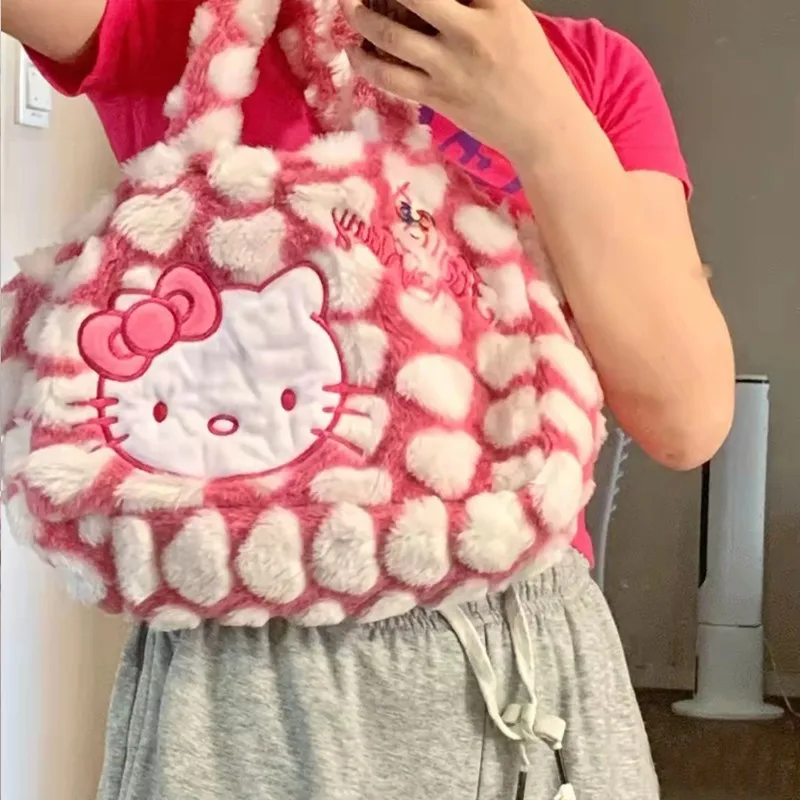 

Hello Kitty Plush Shoulder Bag Kawaii Sanrioed Anime Kt Cat Casual Handbag Women Cartoon Underarm Bag Warm Fluffy Backpack Gift