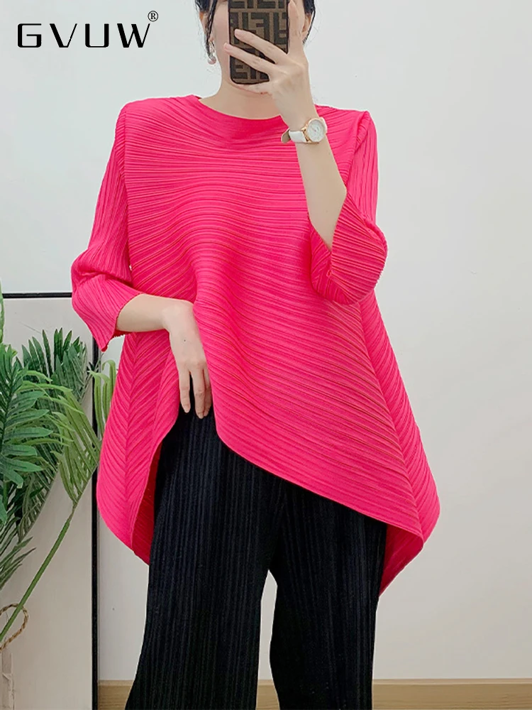 

GVUW Pleated Blouse For Women 2023 New Autumn O-neck Three Quarter Sleeve Solid Color Loose Casual Shirt Female Elegant 17G2471