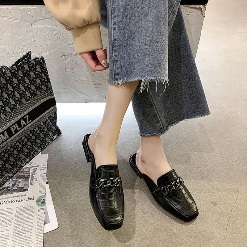 

Мюли женские на цепочке, сланцы, квадратный носок, модная летняя обувь в полоску, закрытая Уличная обувь, большие размеры