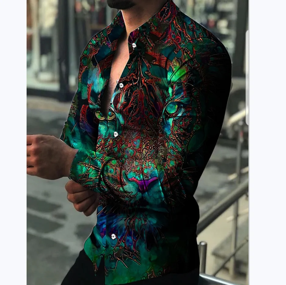 

2022 Fashion Men's Print Western Shirt Long Sleeve Slim Casual Shirt