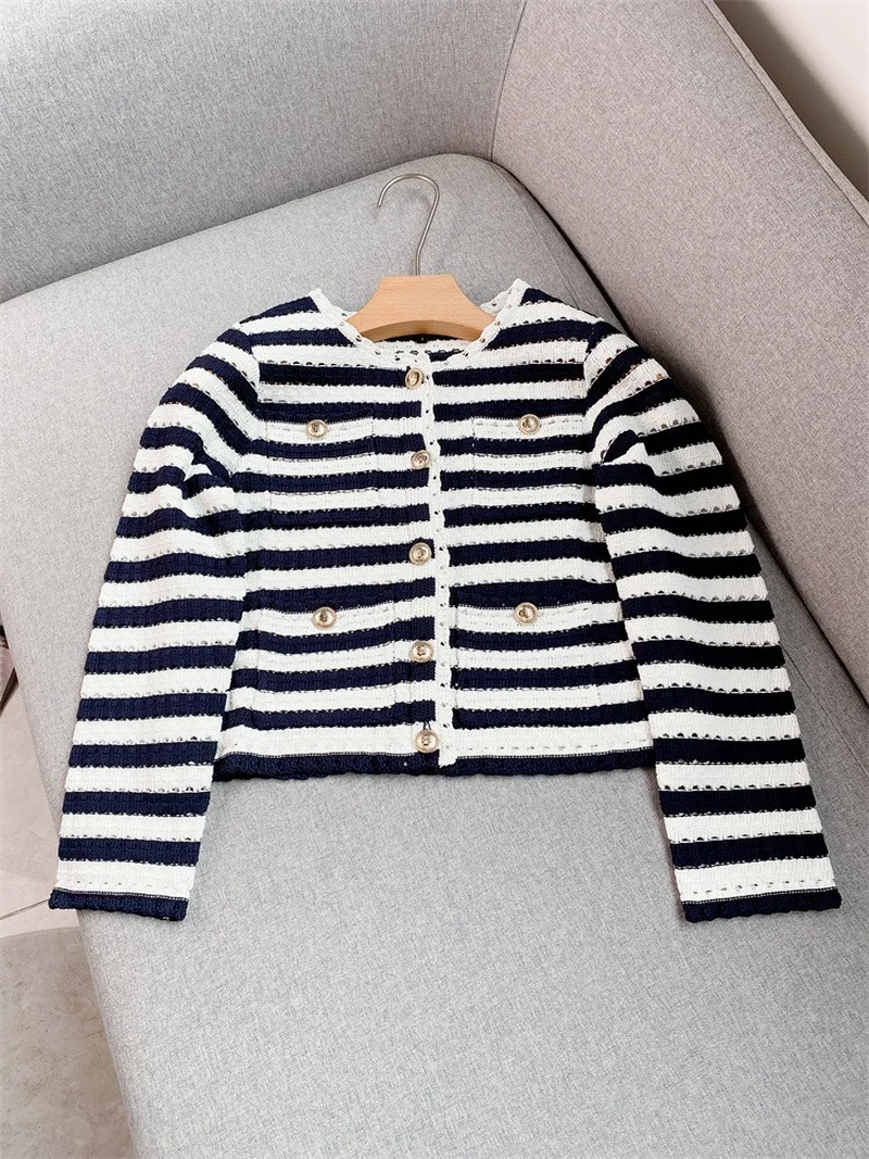 Hollow Striped Crochet Button Knitted Cardigan 2022 Summer Round Neck Single Breasted Button Long Sleeve Tops Jacket Women