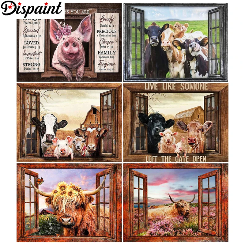 Dispaint Diamond Embroidery "Animal Cow Pig" Pattern DIY 5D Diamond Painting Needlework Cross Stitch Full Drill Painting