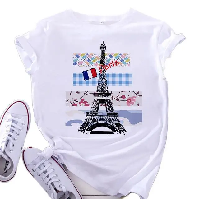 

Spring women's short sleeve new T-shirt Fashion Eiffel Tower print round collar casual loose girl T-shirt graphic t shirts