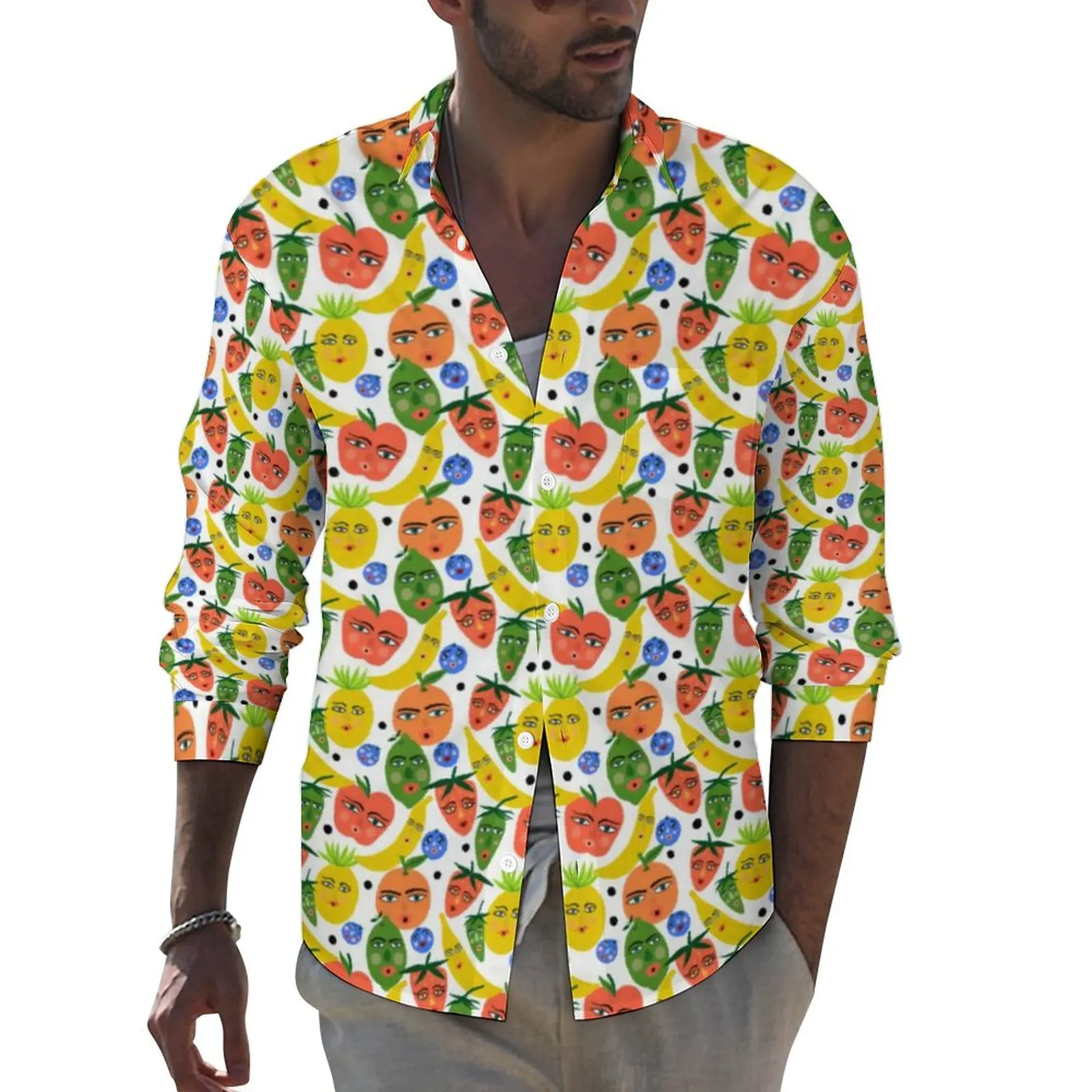 

Funny Fruit Shirt Cute Bananas Apples Casual Shirts Long Sleeve Design Aesthetic Blouses Autumn Loose Oversized Clothing