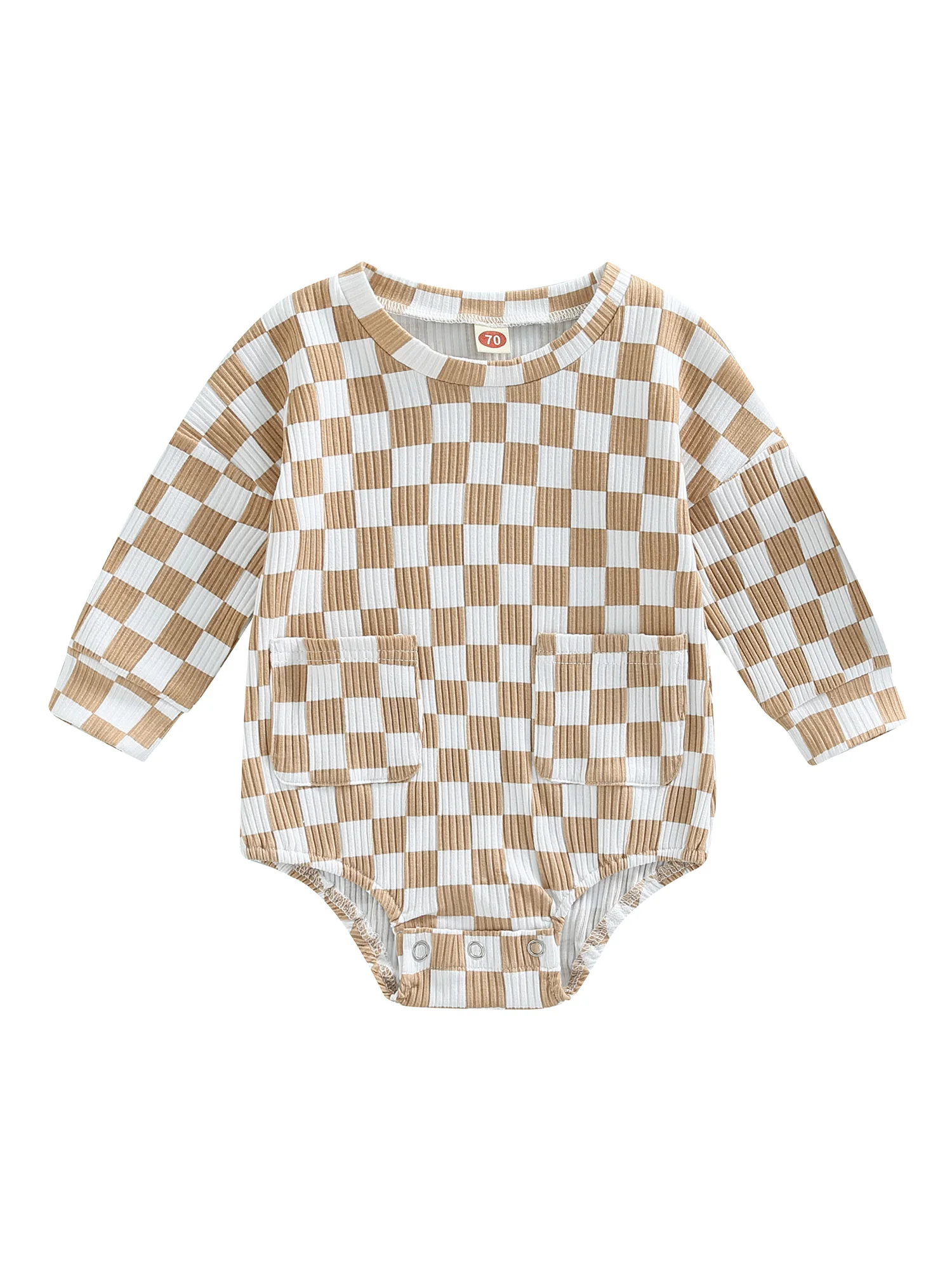 

Baby Boy Girl Plaid Long Sleeve Romper Round Neck Checkerboard Print With Pockets Bodysuit