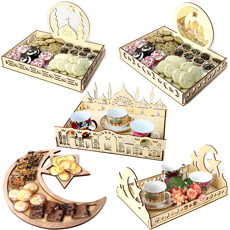 

Wooden Eid Mubarak Food Tray Dessert Fruit Display Holder for 2023 Ramadan Kareem Islamic Muslim Festival Party Decor Supplies