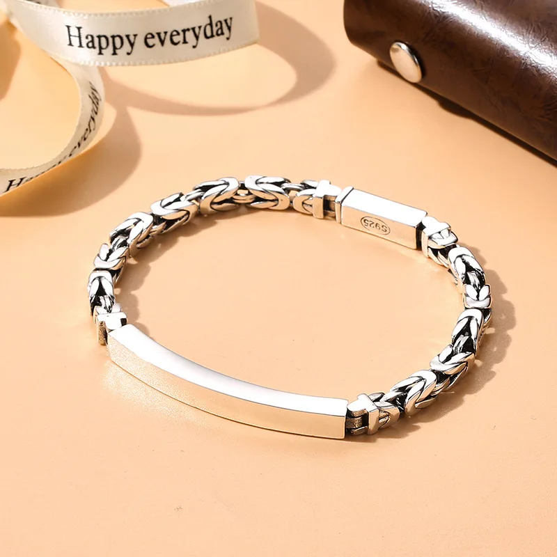 

Pure S925 Sterling Silver Chain Men Women Byzantine Link ID Bracelet Can Engrave Name Lover Bracelets 16-22cm