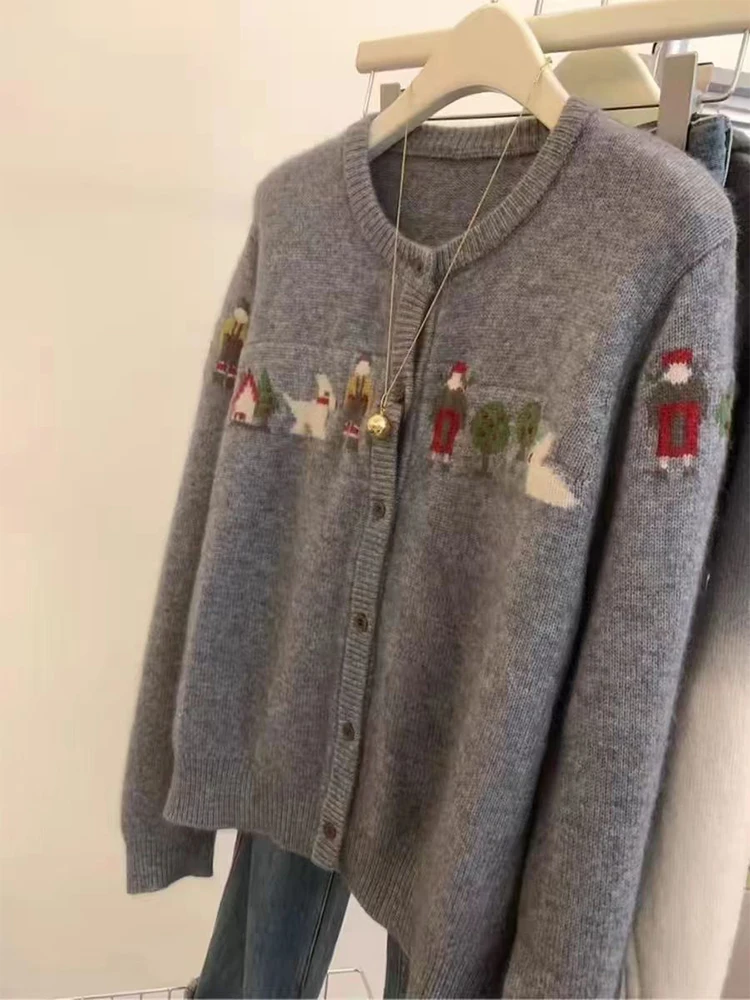 Женский Рождественский кардиган в стиле Харадзюку серый трикотажный свитер с