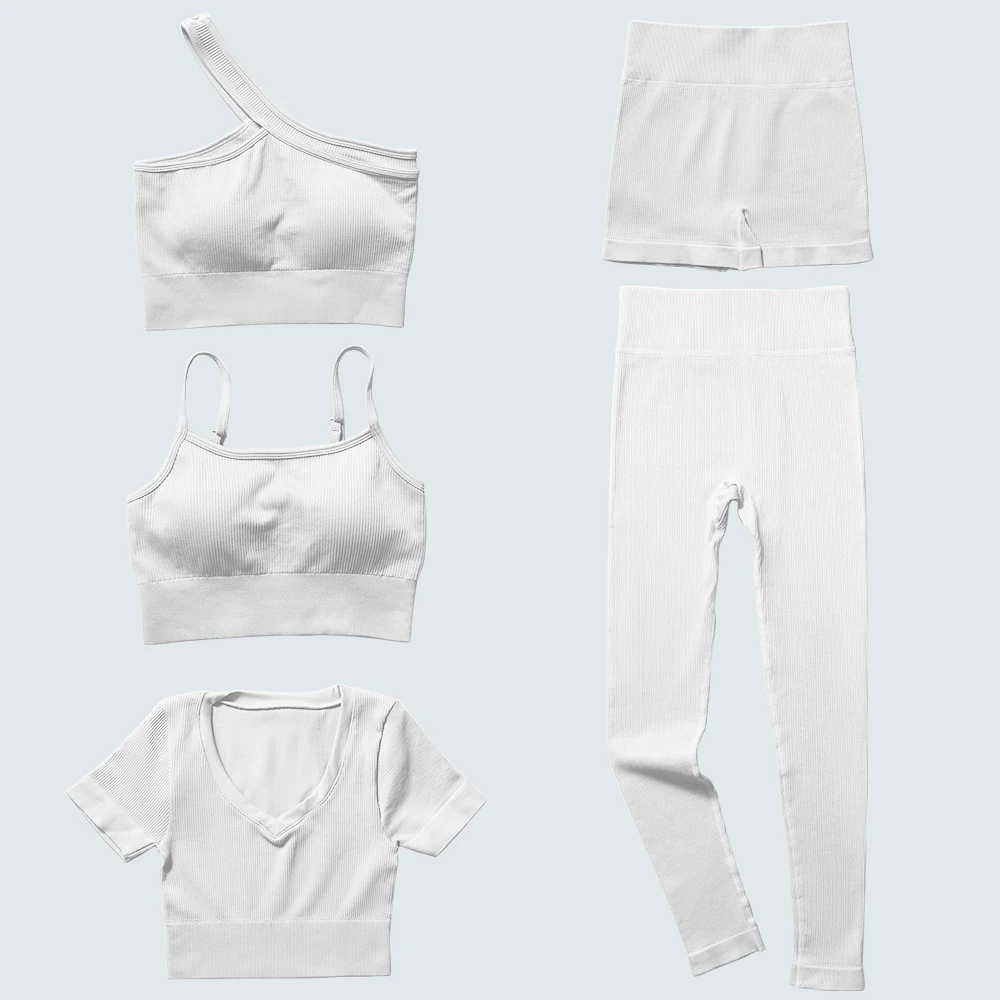 1 Piece Yoga Set Women's Gym Seamless Sport Clothing One Shoulder Sling Bra Shorts Short Sleeve Skinny Pants Set Sportswear Suit