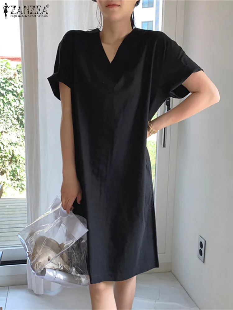 

ZANZEA Fashion V Neck Robe Femme Women Vintage Cotton Dress 2022 Summer Solid Knee Vestidos Casual Short Sleeve Dresses Oversize