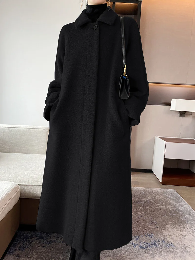 Зимнее пальто из альпаки женское однобортное черное шерстяное новинка 2024