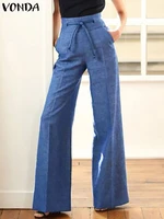 women high waist pants 2022 vonda ladies spring zipper long trousers wide leg pants palazzo pantalon femme denim trousers