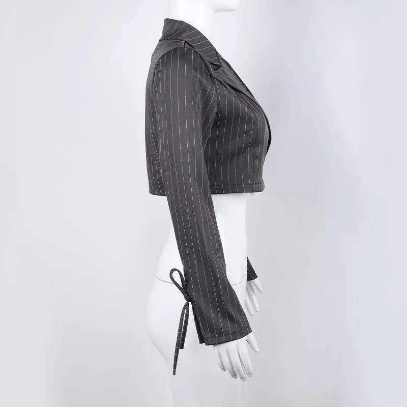 Y2k Grey Striped Short Blazer Suit with Arm Tie 2023 Women Summer Single Button Casual Office Blazer Lady Cool Sweet Short Suit