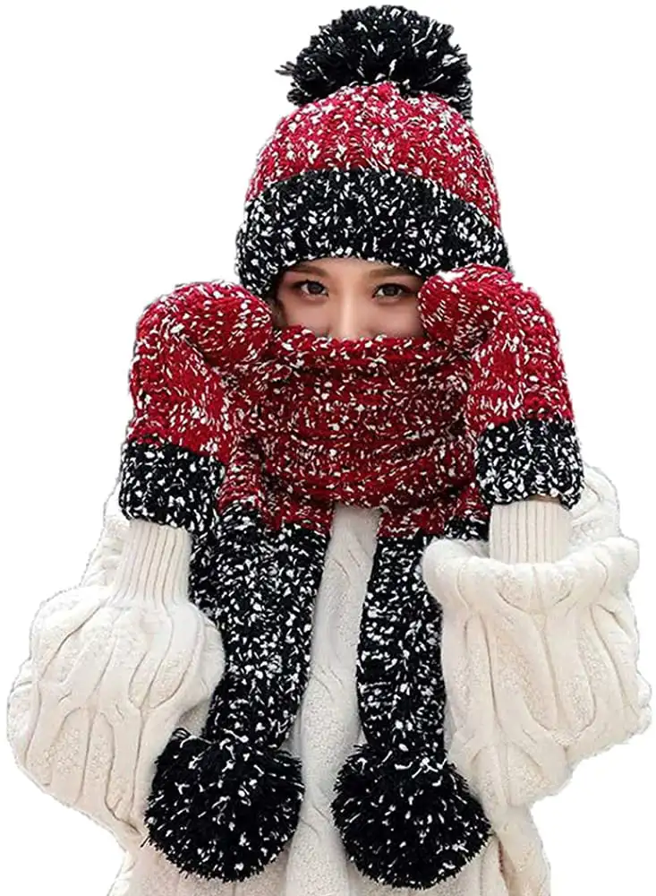 

Beanie Hat Scarf and Gloves Set, Womens Winter Warm Knitted Hat Thick Skull 3 in 1 for Cold Weather (Burgundy)