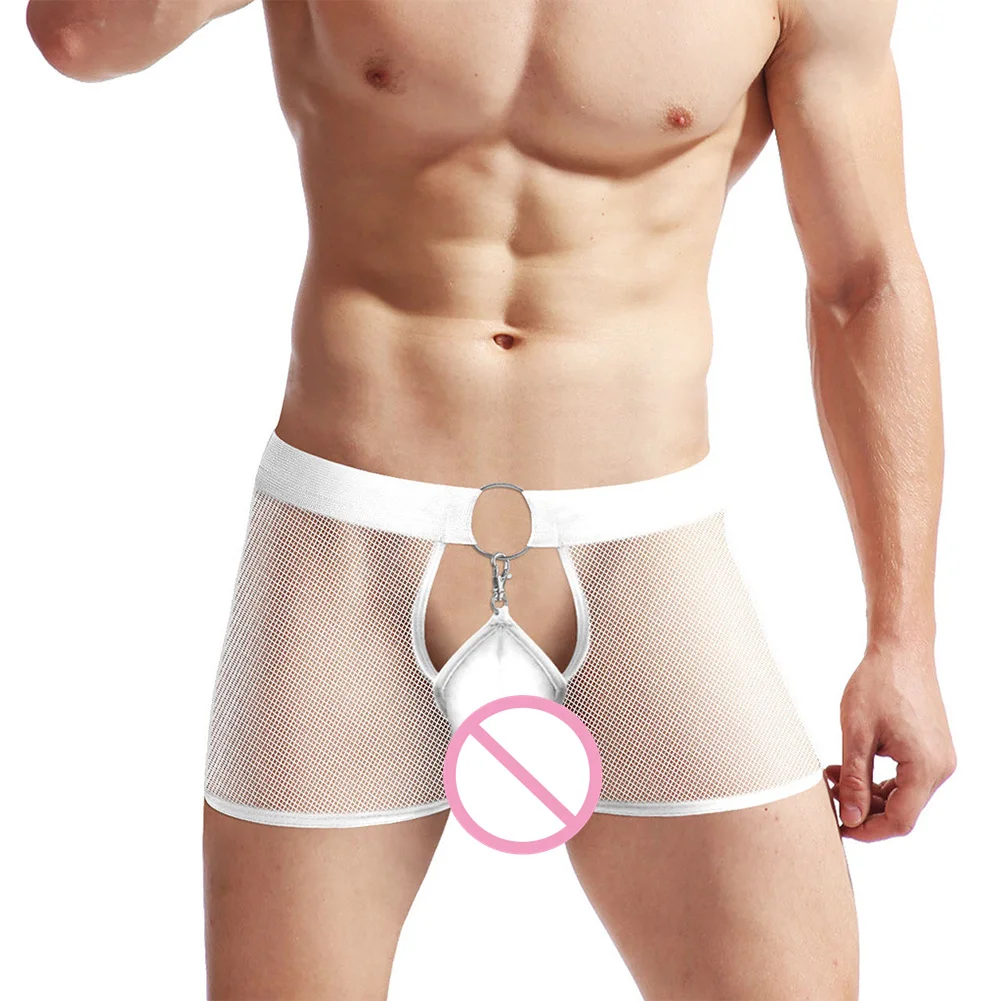 

See Through Men Boxer Briefs Front O-ring Hoop Underwear Removeable Bugle Pouch Boxer Shorts Porn Jocky Boxershorts Man