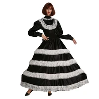 maid sissy deep lace lockable black satin long dress costume crossdress