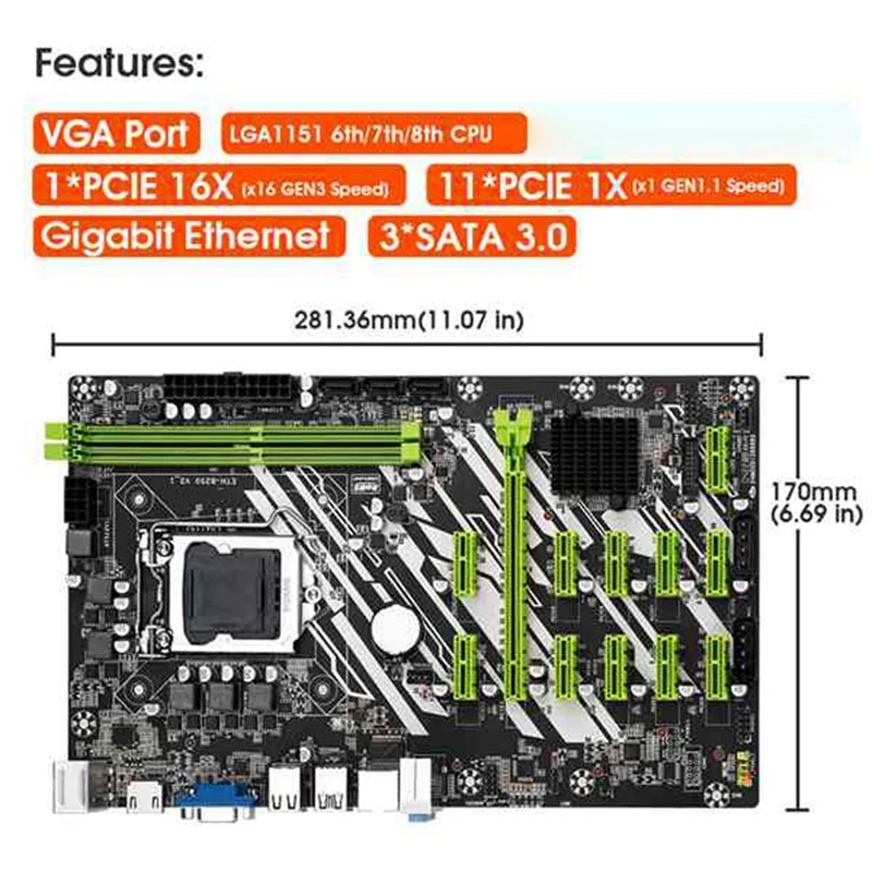 Оригинальная материнская плата для майнинга BTC с 4400CPU + 8G DDR4 RAM 12 PCI-E слотов LGA1151 SATA3.0