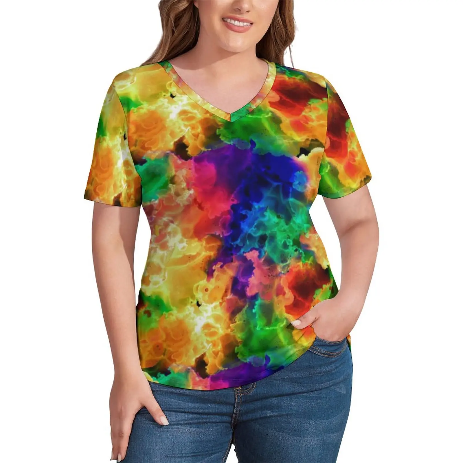 

Abstract Neon Paint T Shirt Psychedelic Rainbow Pretty V Neck T-Shirts Street Style Tee Shirt Graphic Tops Plus Size 3XL 4XL