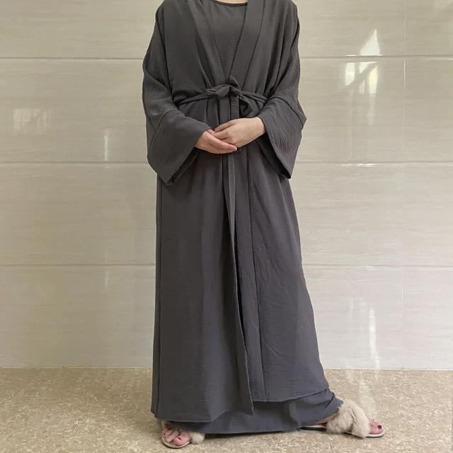 Ramadan Robe Casual Solid Sleeveless Inner Dress with Belt and Long Cardigan Robe Muslim Sets Islamic Clothing Prayer Dress Set 3