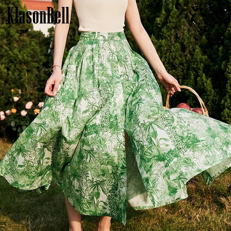 

6.20 KlasonBell Vintage Print Loose Split Midi Skirt Women