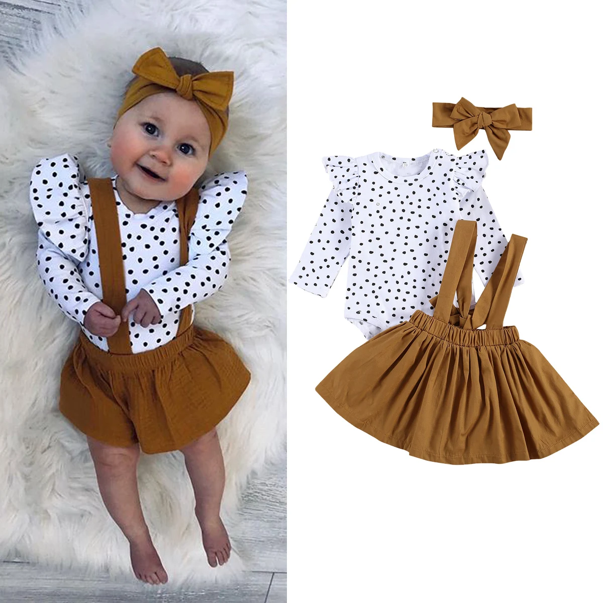 

0-24M Princess Baby Girls Clothes Set Polka Dot Ruffles Long Sleeve Romper + Solid Bow Bib Skirt 3Pcs Set Outfits Spring Summer