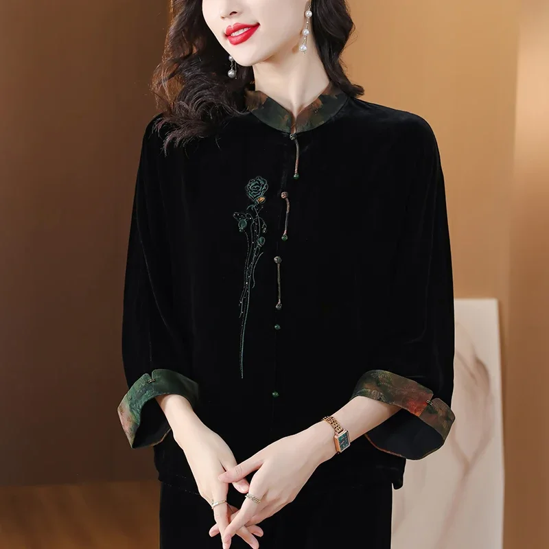 Женская бархатная рубашка с цветочной вышивкой элегантная повседневная