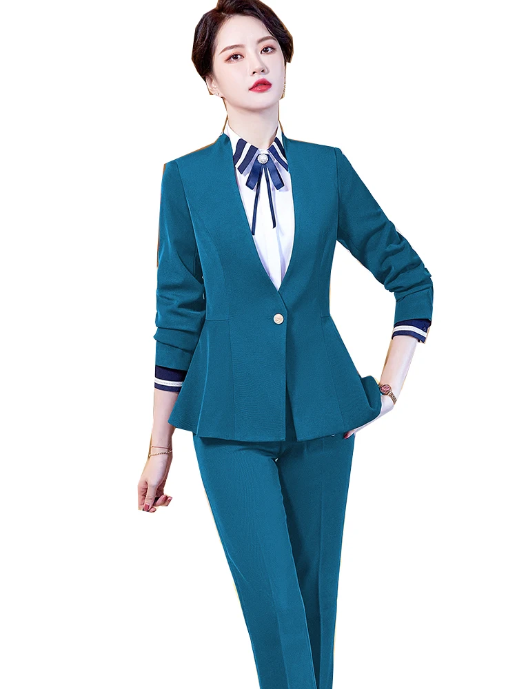 Conjunto de 2 piezas de chaqueta y pantalón para mujer, traje Formal con cuello en V, color vino, azul marino, negro, para oficina y trabajo