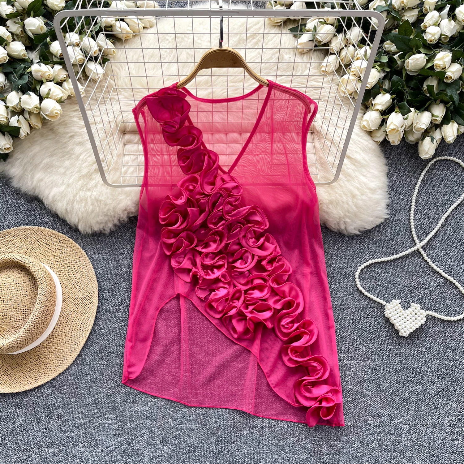 Женский шикарный топ без рукавов с V-образным вырезом и трехмерной фотосеткой