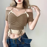 streetwear casual basic halter t shirts women drawstring fitness stitching summer crop tops shirring korean tees y2k aesthetic