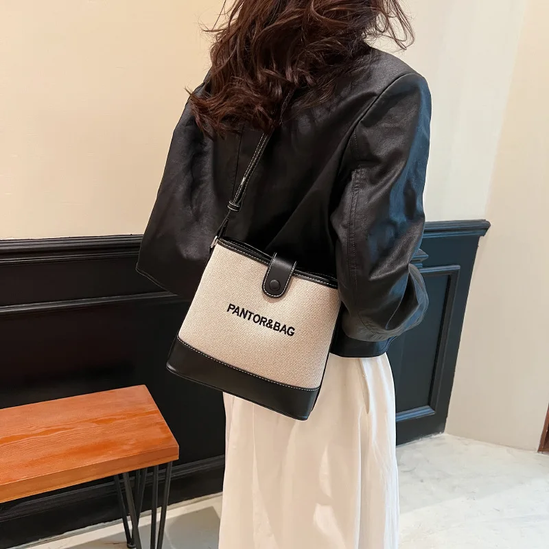 Simple Bucket Single-shoulder Canvas Crossbody Bags Fashion Retro Patchwork Underarm Bag for Women's 2023 New Casual Versatile