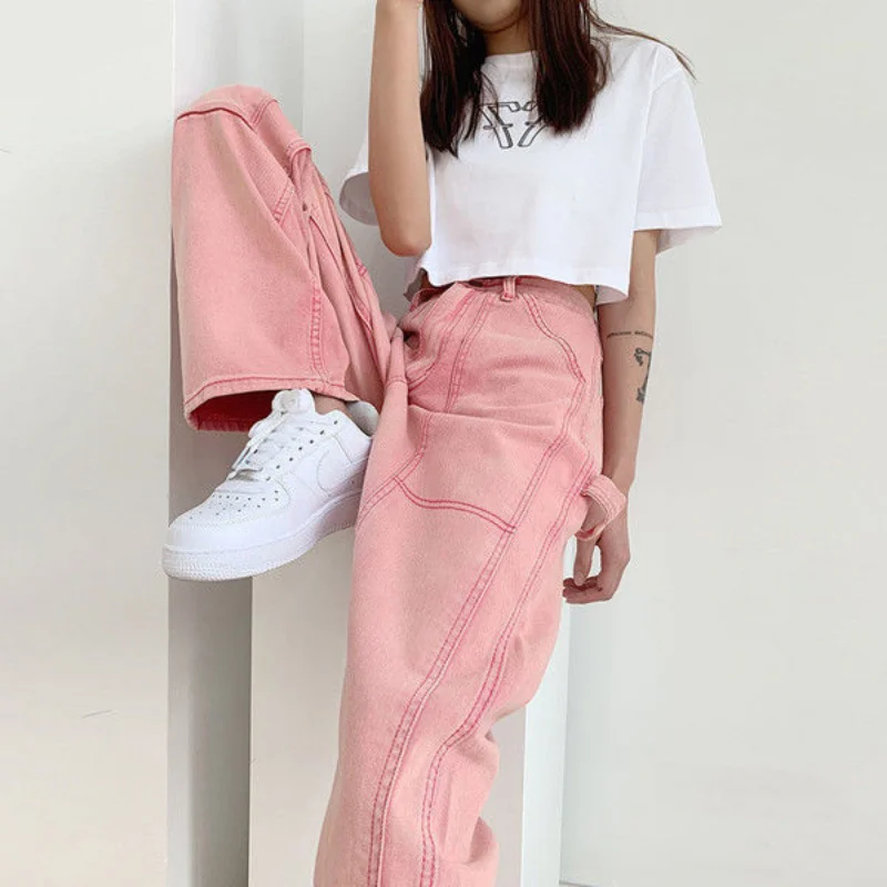 Pink Jeans Women's Summer Korean Style Ins Retro High Waist Slimming Loose Casual Straight-Leg Wide-Leg Pants Fashion