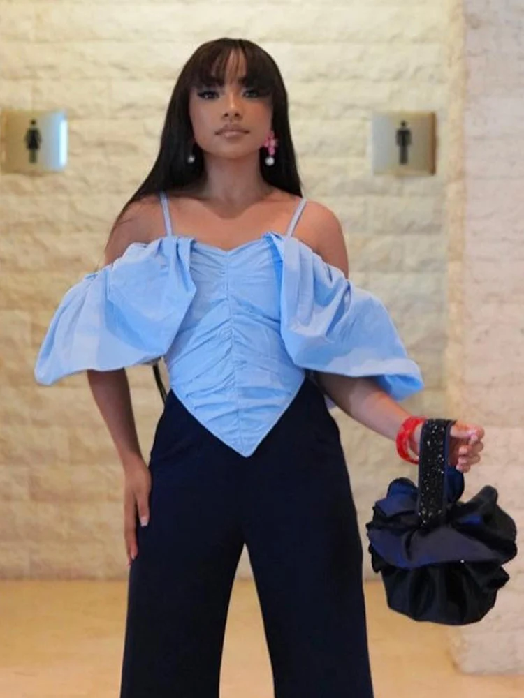 

Ruched Ruffles t shirts Women Spaghetti Strap Tee Female Off Shoulder Tops Summer 2022 Street Style Party Clothing New Fashion