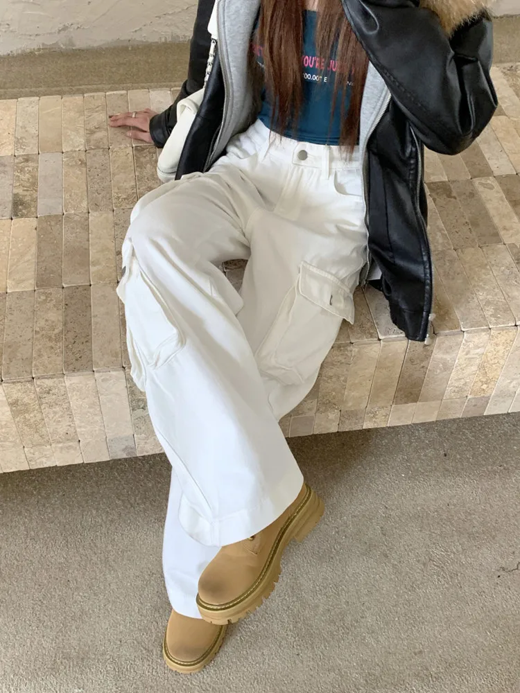 Женские свободные джинсы с карманами дизайнерские брюки широкими штанинами