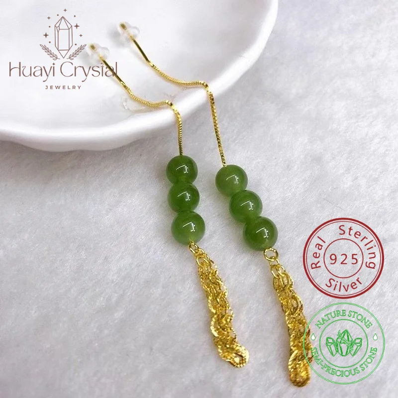 

Natural Hetian jasper ear wires minimalist fashion 925 silver plated 18k round bead earrings personalised ins style earrings