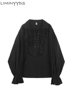 Fall Fashion Vintage Gothic Shirt Women Flare Sleeves Ruffles Oversize Club Party Evening Girl Lolita Black Blouse V-neck Tops