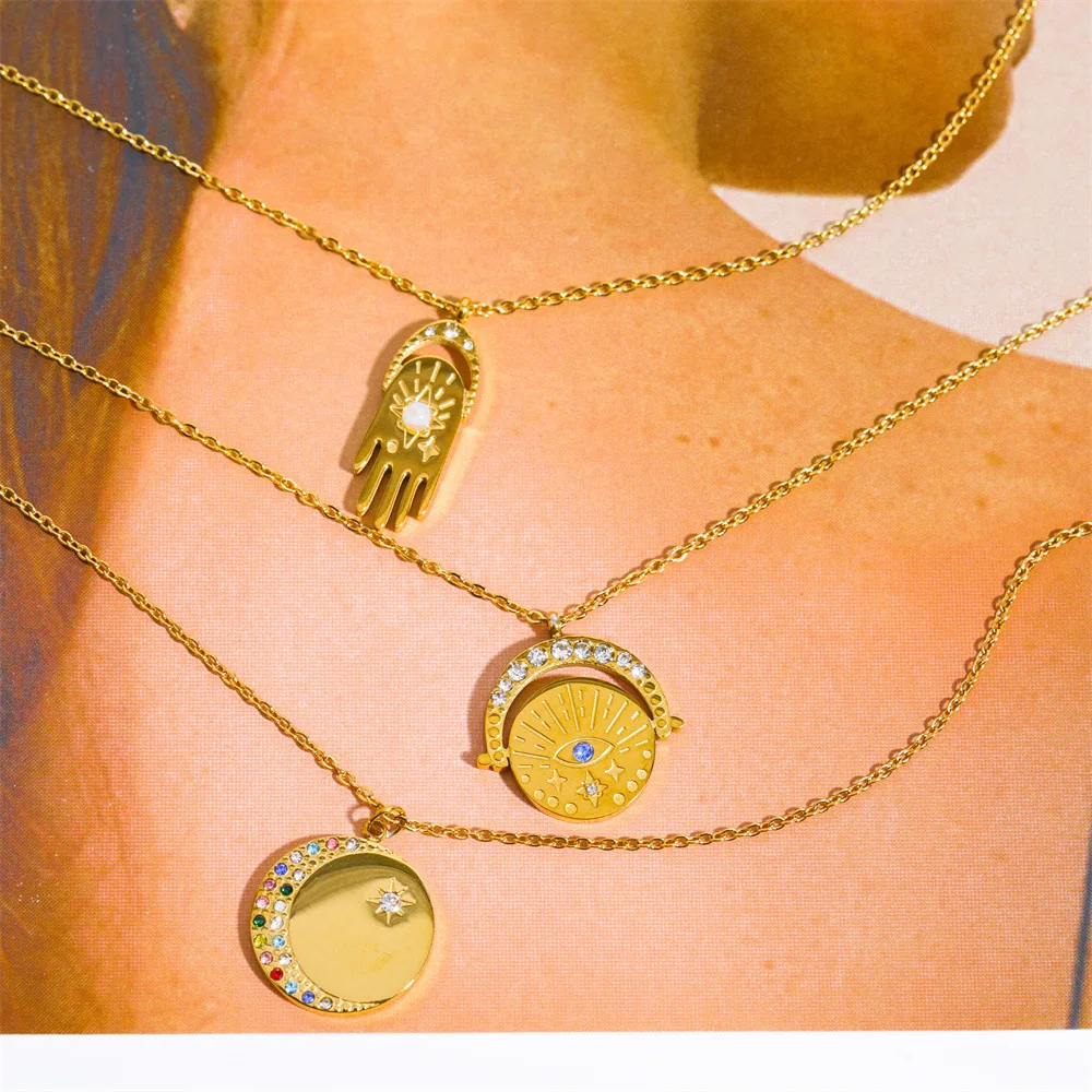 

Ожерелье Хамса в ретро-стиле для мужчин и женщин, этническое циркониевое колье с вырезами, с изображением сглаза синего цвета, рукой, свитер...