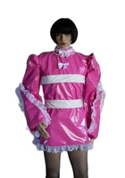 strange shape middle collar white and pink sissy pvc fluffy gothic ruffle shoulder fluffy bubble sleeve maid dress customization