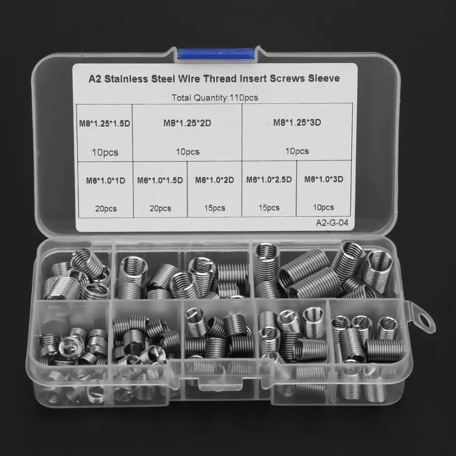 

110Pcs M6-M8 Coiled Wire Thread Insert Stainless Steel Repair Tool Insert Kit Spiral Wire Screw Sleeves Fastening Thread Insert