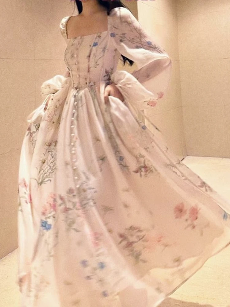 

2023 Spring French Elegant Midi Dress Women Causal Vintage Fairy One Piece Dress Korean Style Bodycon Floral Dress Long Sleeve
