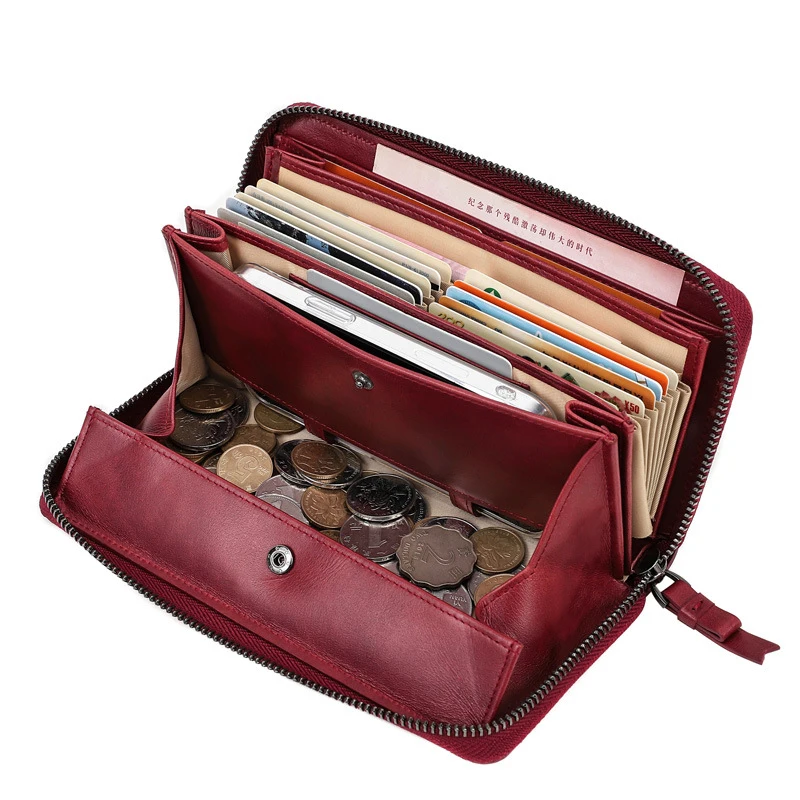 New Fashion Genuine Leather Women Female Long Zipper Clutch Lady Wallet Wristband Money Bag Cowhide Coin Purse