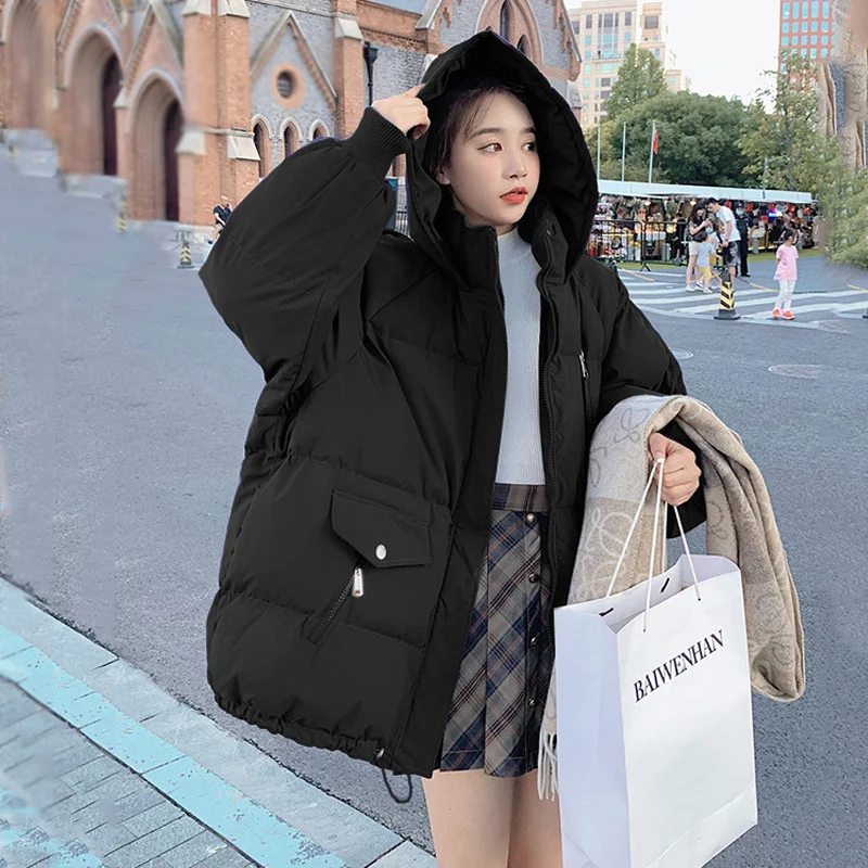 Winter Parkas Korea Padding Bread Coat Thickened Warm Short Down Cotton Coat Student Women Loose Hooded Coat Beige Black