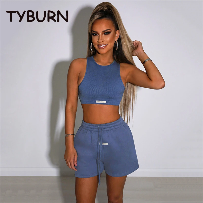 

TYBURN Casual Sports Vest Two Piece Set Summer Women's Wear New Apricot Slim Shorts Running 2 Piece Sets Womens Outfits