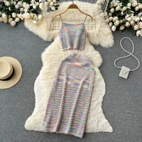 womens sleeveless cropped top knit suits skirt sexy hollow out 2 pieces set hip package split long skirts 2022 lady summer suit