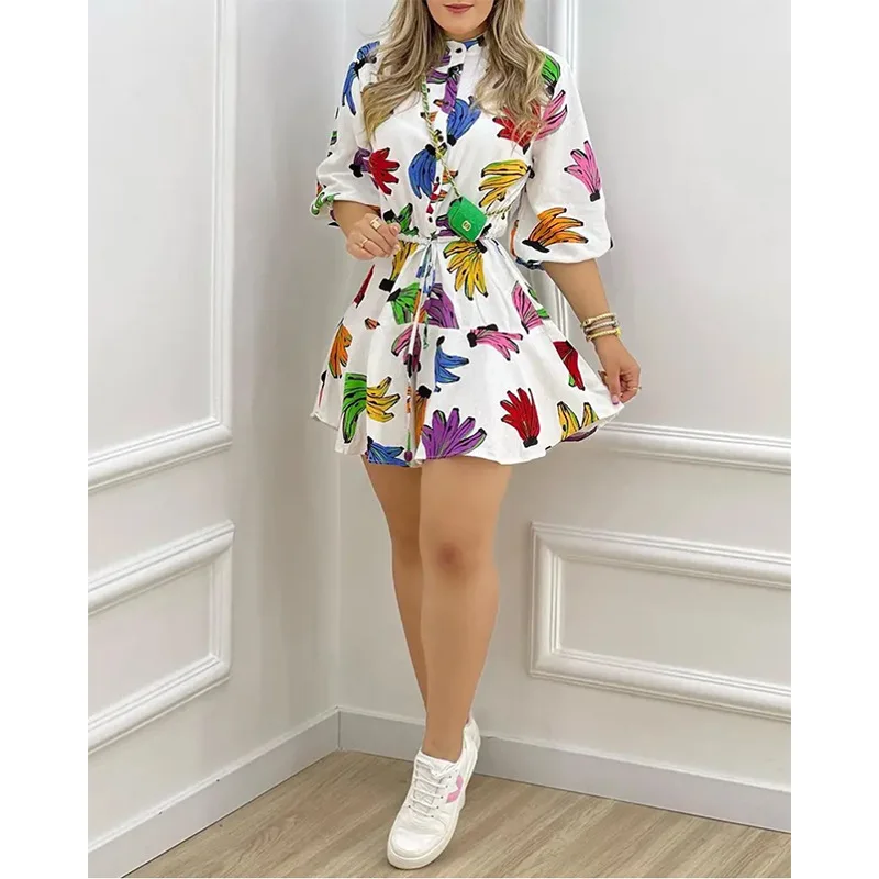 

Однобортное Платье с принтом, кружевное платье с коротким рукавом и круглым вырезом