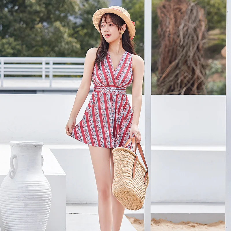 

2022 New Women One-Piece Swimsuit Sexy Stripe Swim Skirt Summer Beach Wear Korean Style Bathing Suit Female Bikini Set Bodysuit