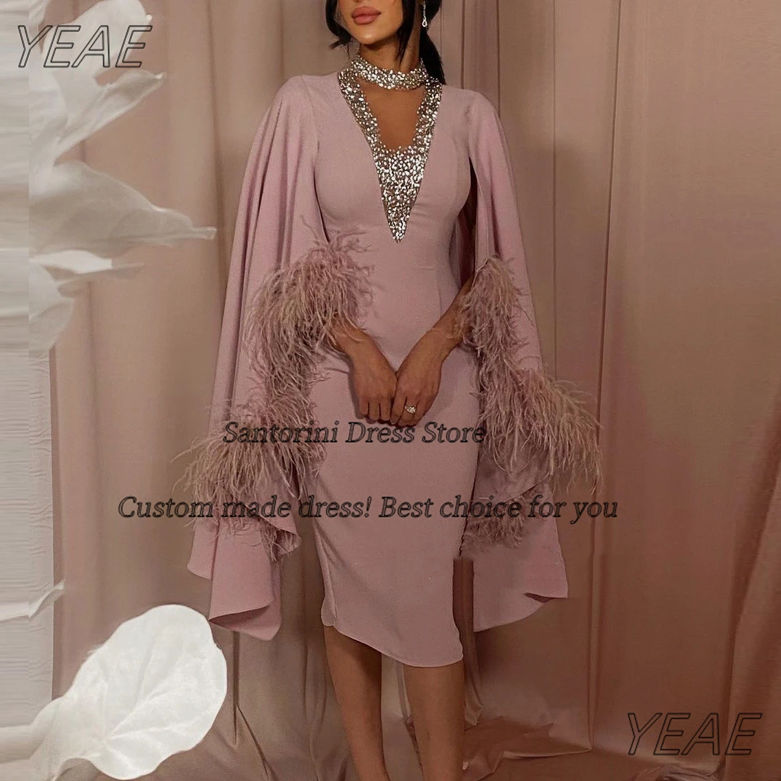 

Santorini High Collar Beaded Sexy Neck Prom Dresses Feathers Long Sleeves Evening Party Short Dance Costumes for Women