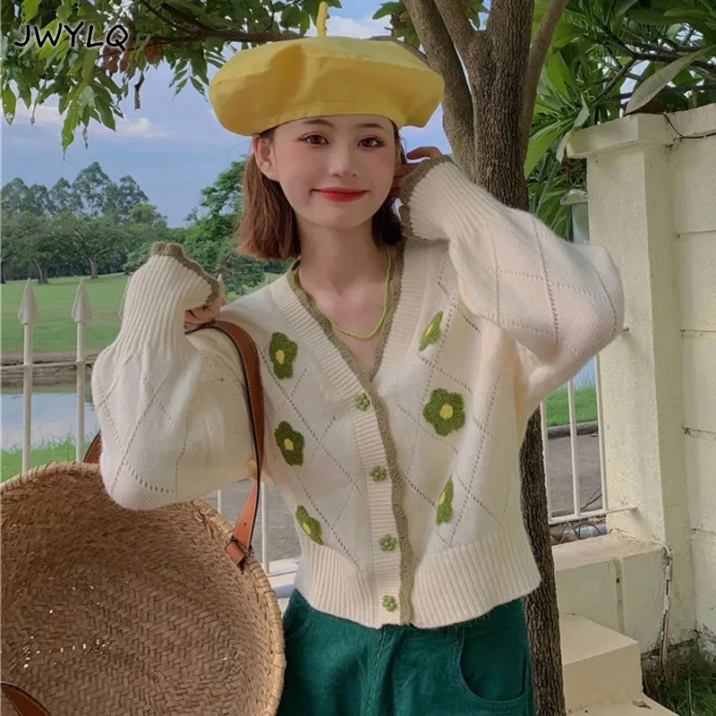 

Women's Sweet Harajuku Floral V Neck Crop Long Sleeve Cardigans Spring Summer Chic Sweater Outwear Ladies Short Knitted Jackets
